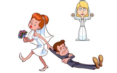 A cartoon image with a bride dragging a reluctant groom and another shocked bride watching.