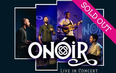 A graphic collage of the four members of Onoir against a dark blue background. At the front is the band logo in white and in the right corner is a pink ribbon saying Sold Out