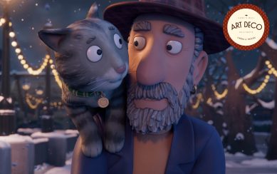 A cartoon image of a man with a cat on his shoulder