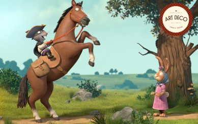 A funny cartoon illustration of a rat on a horse