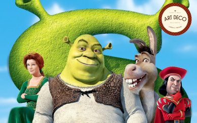 A poster of Shrek with Donkey, Fiona and Lord Farquaad in the background