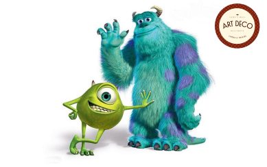A colorful illustration of Monsters, Inc. with Sulley and Mike Wazowski smiling