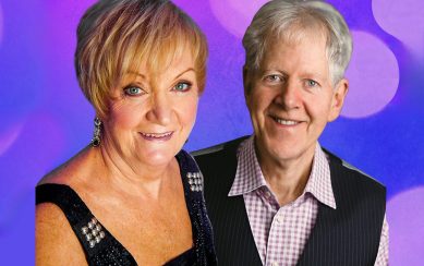 Philomena Begley and Ray Lynam against a purple background