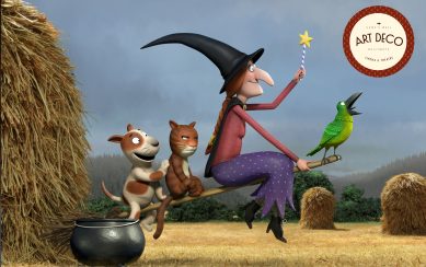 A cartoon image of a witch with animals on a broom