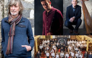 A collage of photographs of Sean Keane, Michael Rooney, Stephen Doherty and the children from the Ceol Na nOg orchestra.