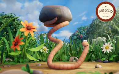 A cartoon illustration of the Superworm holding a rock