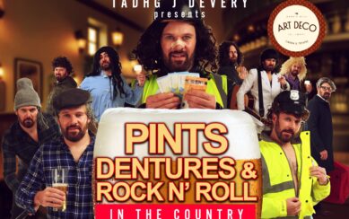 A promotional poster for "Pints, Dentures & Rock N’ Roll," featuring various comedic characters played by Tadhg J. Devery set against a pub background