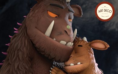 A cartoon illustration of the Gruffalo and his child