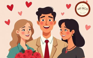 Animated image of a man in a suit smiling with two women either side of him and love hearts in the background