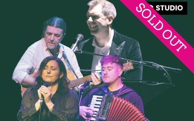 Graphic montage of musicians performing against a black background