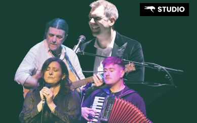 Graphic montage of musicians performing against a black background