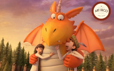 A cartoon dragon hugging two people
