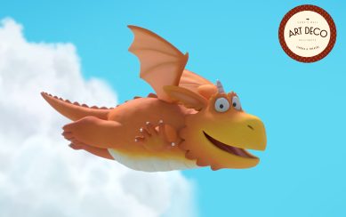 A friendly cartoon dragon in a bright blue sky