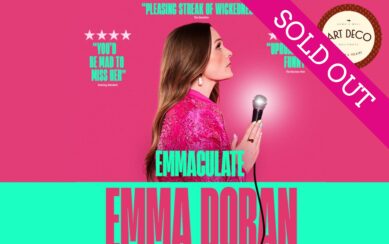 A poster in pink and green with Emma Doran in the centre.