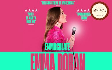 A poster in pink and green with Emma Doran in the centre.