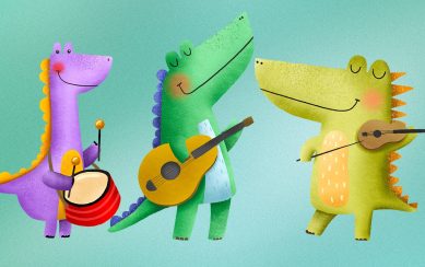 Three crocodiles are playing musical instruments and singing.