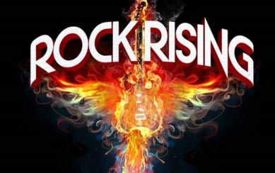 The poster for the show Rock Rising. At the top is the show title in stylized letters. At the centre of the image is an electric guitar surrounded by colourful flames which form the shape or a phoenix. The poster for the show Rock Rising. At the top is the show title in stylized letters. At the centre of the image is an electric guitar surrounded by colourful flames which form the shape or a phoenix.