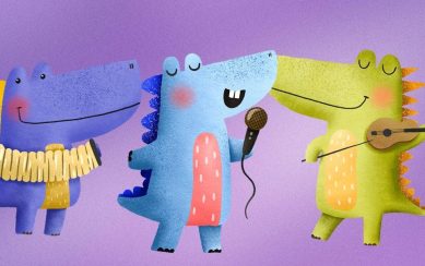 Three crocodiles are playing musical instruments and singing.