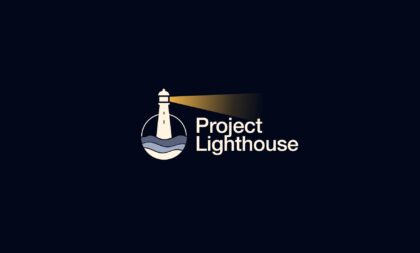 A graphic depiction of a lighthouse with a bright spotlight on a black background