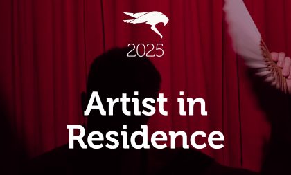 A shadow of a person against a red curtain. In the foreground is the text "Artist in Residence" A shadow of a person against a red curtain. In the foreground is the text "Artist in Residence"