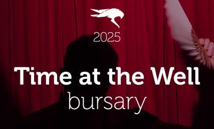 A shadow of a person against a red curtain. In the foreground is the text "Time at the Well bursary " A shadow of a person against a red curtain. In the foreground is the text "Time at the Well bursary "