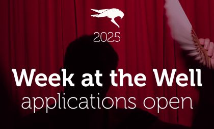 A shadow of a person against a red curtain. In the foreground is the text "Week At The Well applications open" A shadow of a person against a red curtain. In the foreground is the text "Week At The Well applications open"