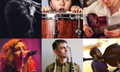 A collage of photographs of six jazz performers A collage of photographs of six jazz performers