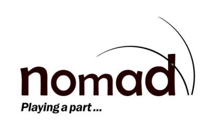 The word "nomad" in black lettering on a white background. Underneath in smaller letters, the text "playing a part". The word "nomad" in black lettering on a white background. Underneath in smaller letters, the text "playing a part".