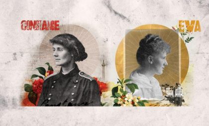 A collage of photographs of Constance Markiewicz and Eva Gore Booth, with flowers at the edges