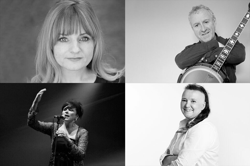 A collage of four black and white portrait photographs of Niamh McGrath, John Carty, Cathy Jordan, and Eithne Hand