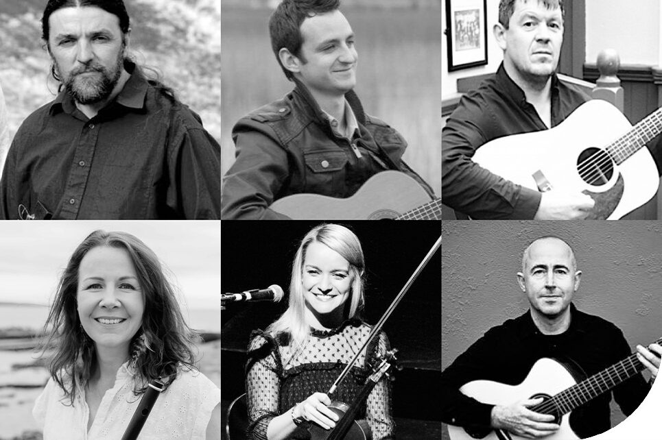 A collage of six images of the performers Seamie O’Dowd, Patrick Doocey, Shane McGowan, Nuala Kennedy, Tara Breen and Tony Byrne.