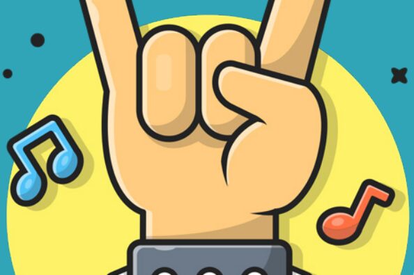 A graphic depicting a hand with the pinkie and index finger pointing up, with a studded leather band on the wrist
