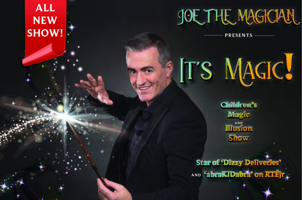 The poster for Joe The Magician's event It's Magic with Joe in the center holding a magic wand