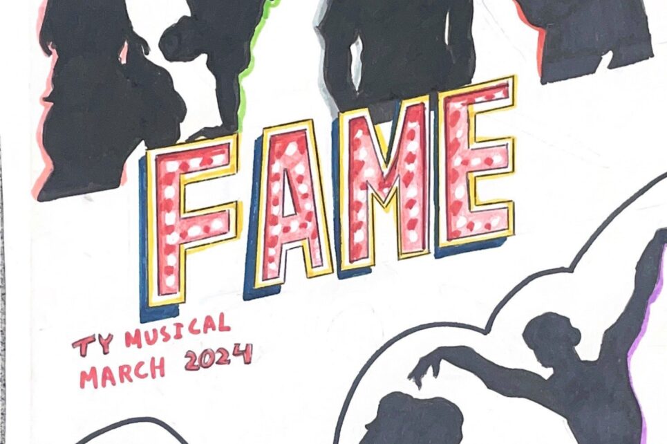 Silhouettes of dancing figures behind title 'FAME' in large letters 