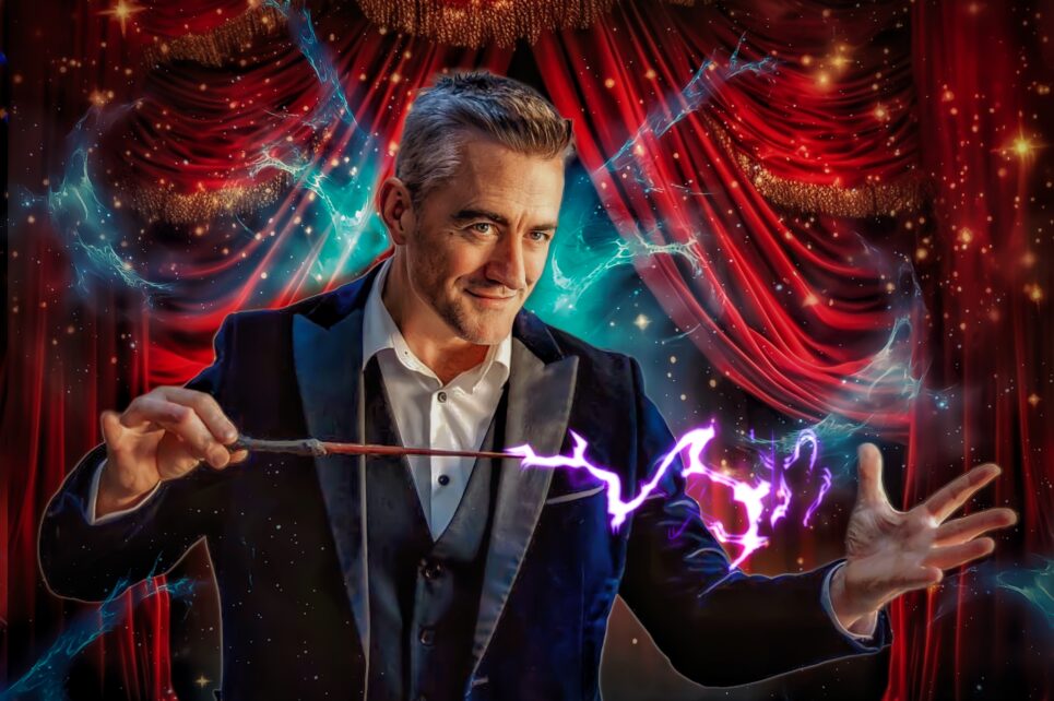 A photograph of Joe the Magician holding a wand emanating electric sparks. Behind him is a red stage curtain and a mysterious fog