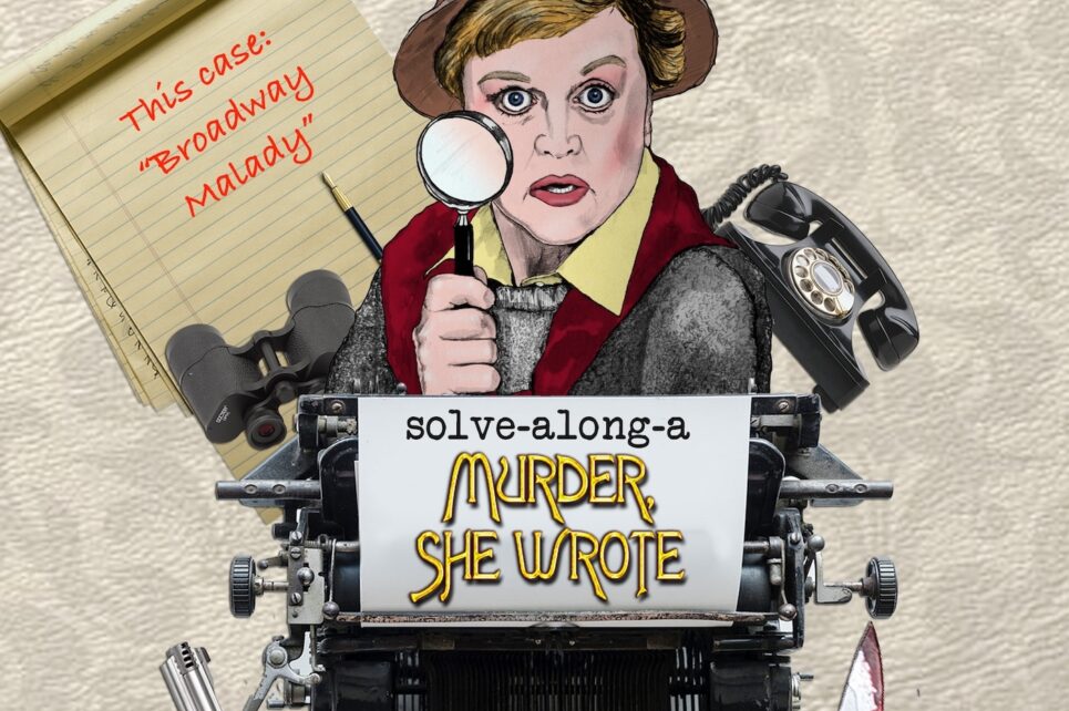 A drawing of Jessica Fletcher from the show Murder, She Wrote surrounded by a typewriter, a knife, a notepad page and a dial phone.