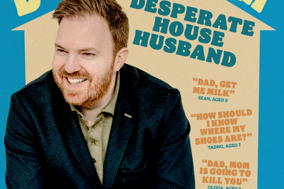 A photograph of Bernard O'Shea with a graphic of a house and the title of the show "Desperate House Husband". 