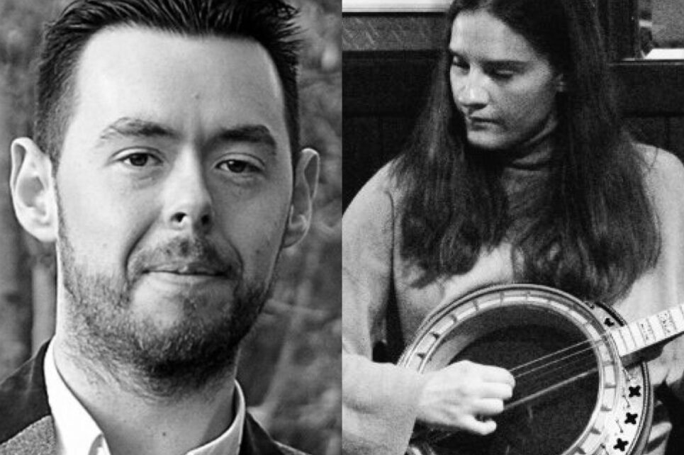 Separate images of the two musicians, close-up of the man and the woman playing the banjo