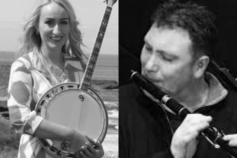 Images of woman holding her banjo by the sea and of man playing flute