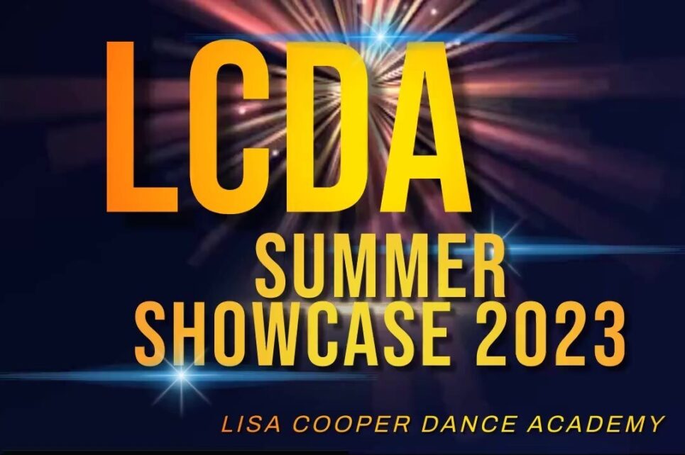 The poster for the LCDA Summer Showcase. It features yellow lettering with the show's title and a background of a glowing lens flare from a light at the back.