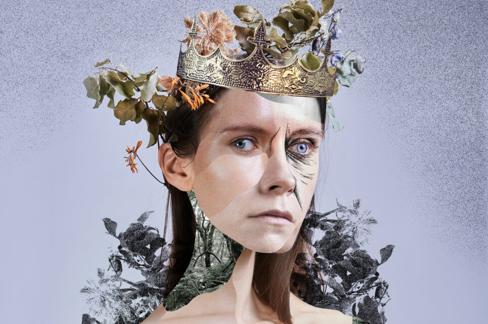 A stylized collage depicting a person wearing a crown and surrounded by plants