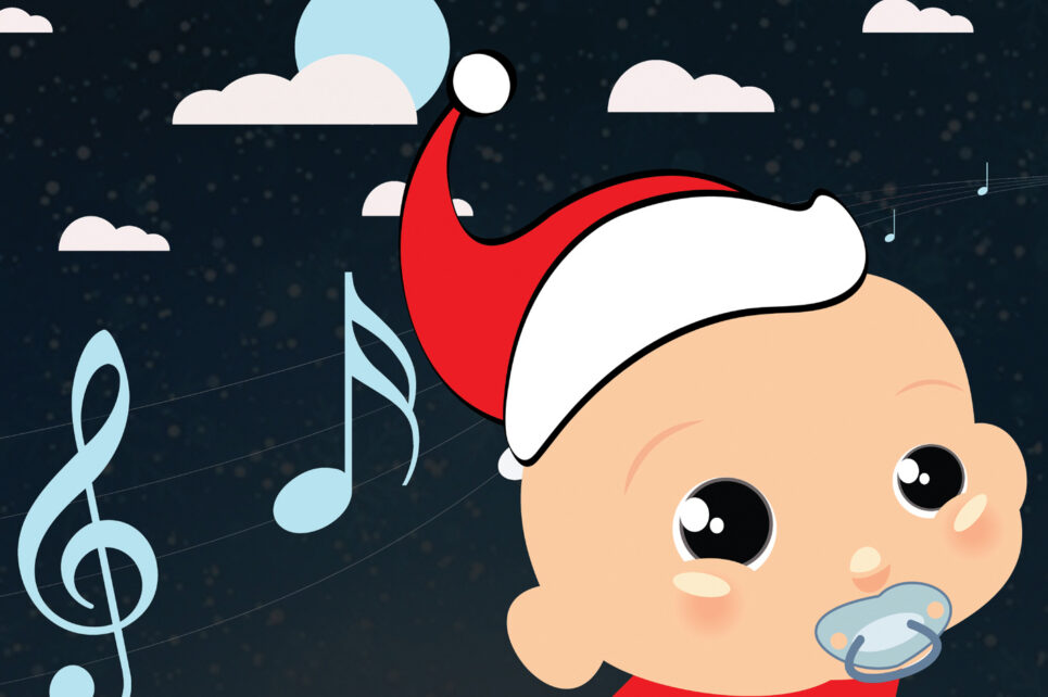 An illustration of a baby wearing a Santa hat
