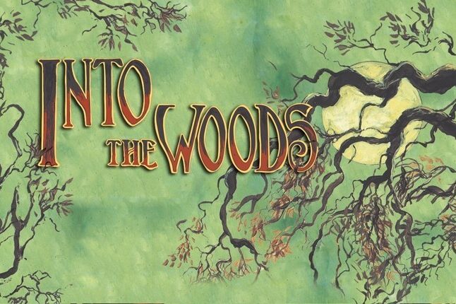 An illustration for the musical Into The Woods. The title of the show is on the left in stylized lettering against a background of a drawing of a tree with the full moon behind it.