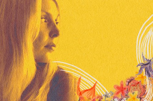 A profile photograph of Joni Mitchell with a yellow overlay. On the bottom right is a drawing of colourful flowers.
