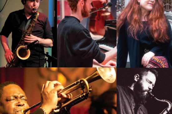 A collage of photographs of various jazz musicians