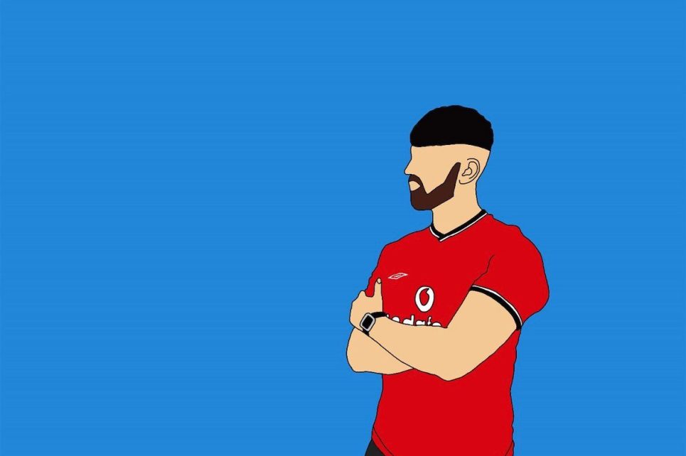Against a blue background, an illustration of a bearded man standing with his arms crossed. He's wearing a sports jersey top and dark pants. Against a blue background, an illustration of a bearded man standing with his arms crossed. He's wearing a sports jersey top and dark pants.
