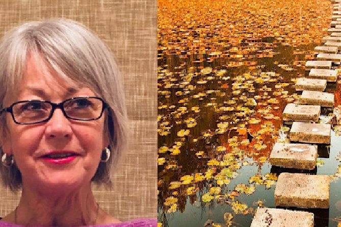 Split image of Ursula McHugh on the left and a photograph of stepping stones across water covered in autumn leaves on the right. Split image of Ursula McHugh on the left and a photograph of stepping stones across water covered in autumn leaves on the right.