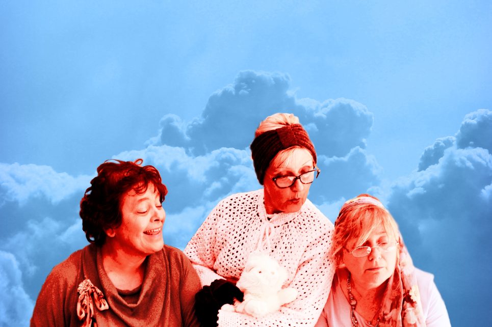 3 Marys looking down from above, framed by clouds