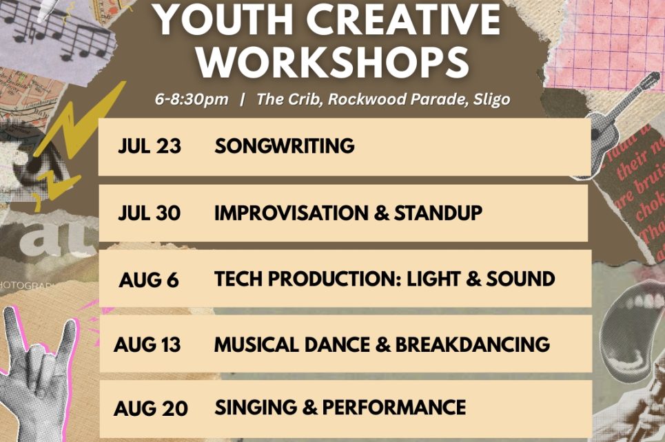 List of date and times for a Youth Creative Workshop against a colourful background