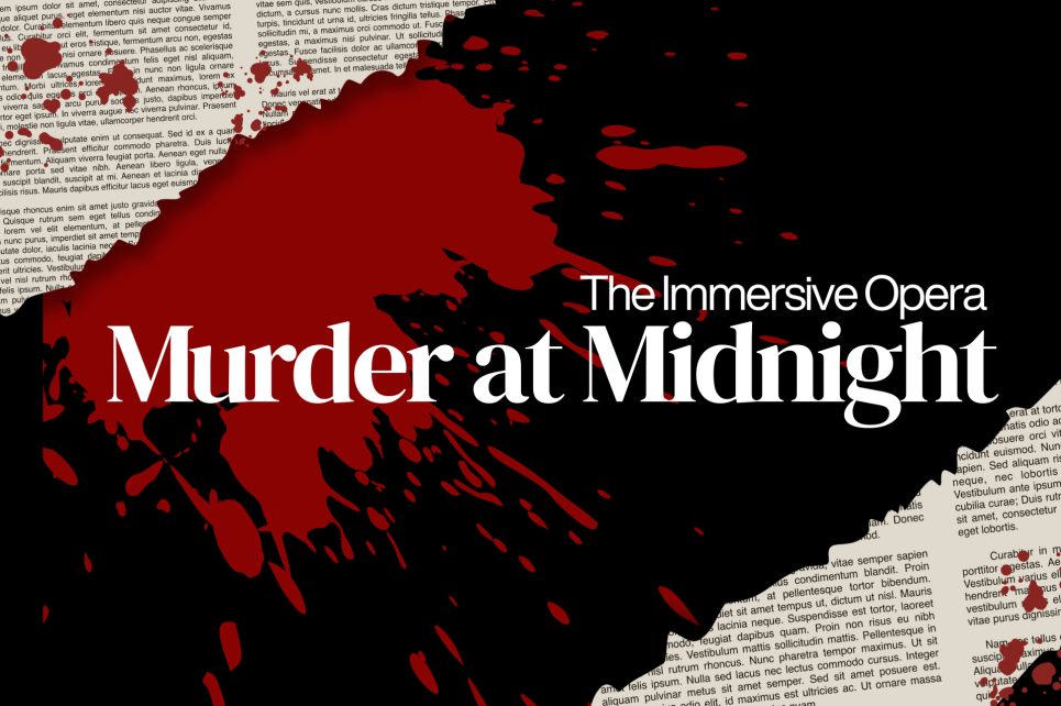 Title 'Murder at Midnight' in white letters over black image with blood splash and torn newspaper